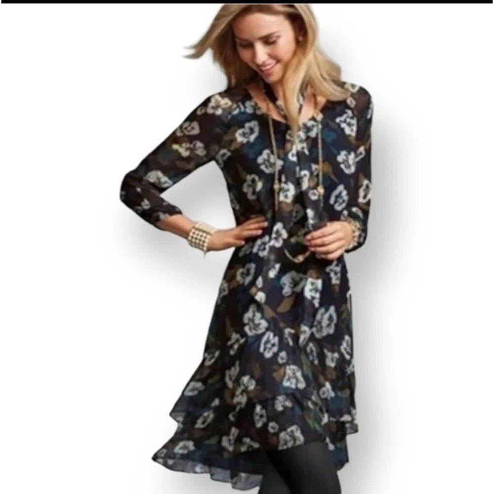 Cabi Dress Womens‎ Small Floral Pirouette Tiered Ruffle Chiffon 3/4 Sleeve Lined